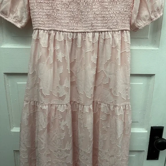 Merokeety Pink Smocked Midi Dress M Cottagecore Puff Sleeve Tiered - Picture 8 of 13